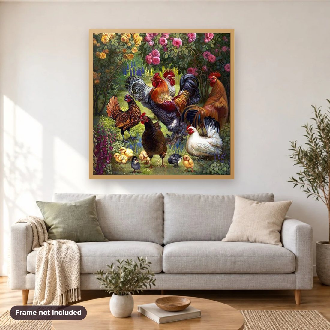 Chickens in the Garden diamond painting shown framed on a living room wall above a sofa