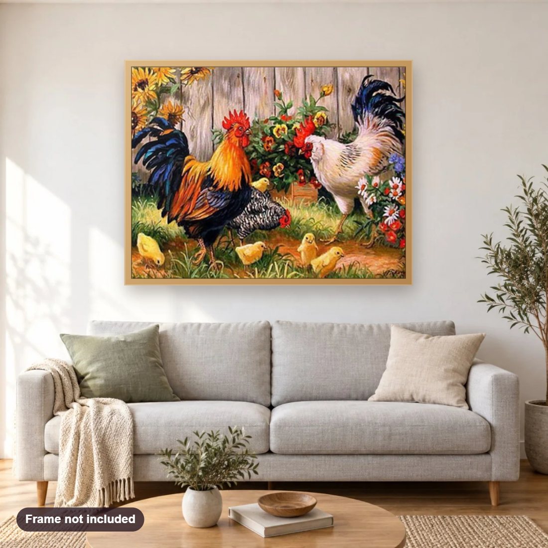 Chickens on the Farm diamond painting shown framed on a living room wall above a sofa