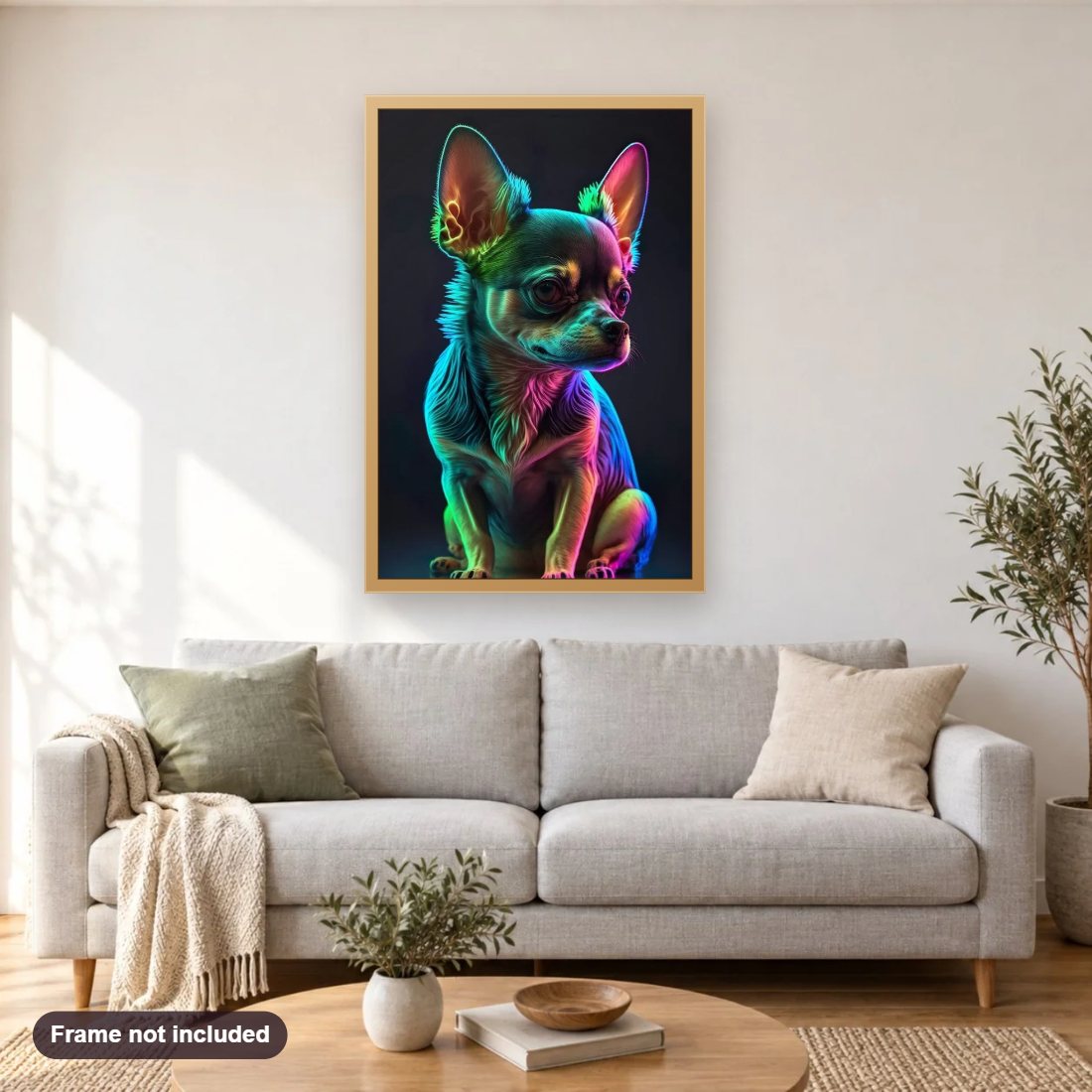 Chihuahua Dog Neon diamond painting shown framed on a living room wall above a sofa