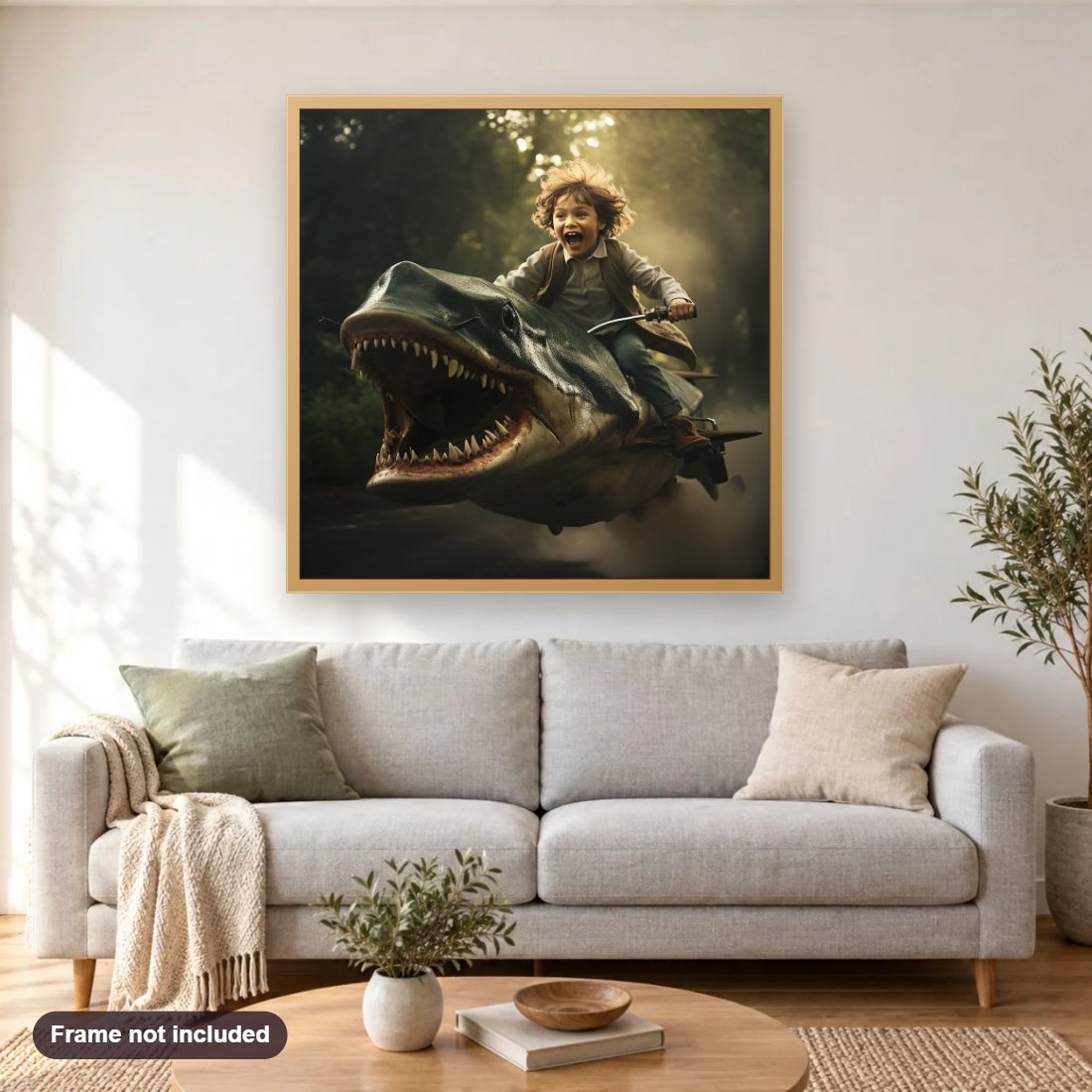 child riding on the back of a flying shark diamond painting shown framed on a living room wall above a sofa
