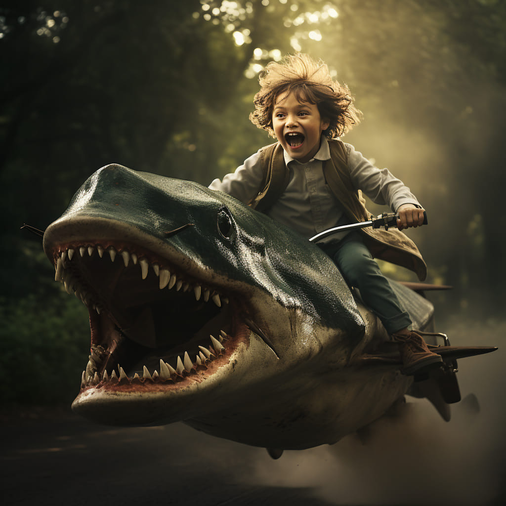 Child riding on a flying shark diamond painting kit by All Diamond Painting