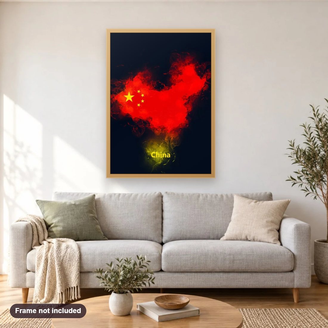 China Country Map diamond painting shown framed on a living room wall above a sofa