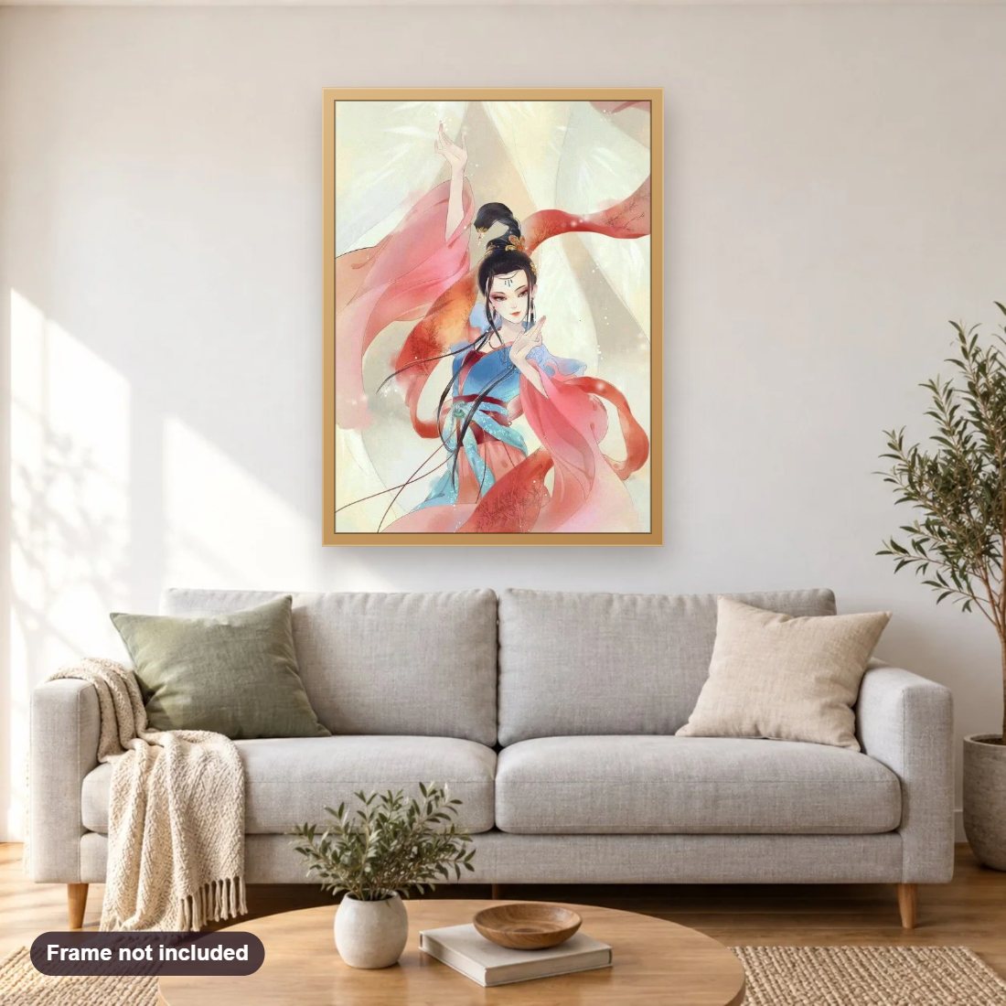 Chinese Dance Art diamond painting shown framed on a living room wall above a sofa