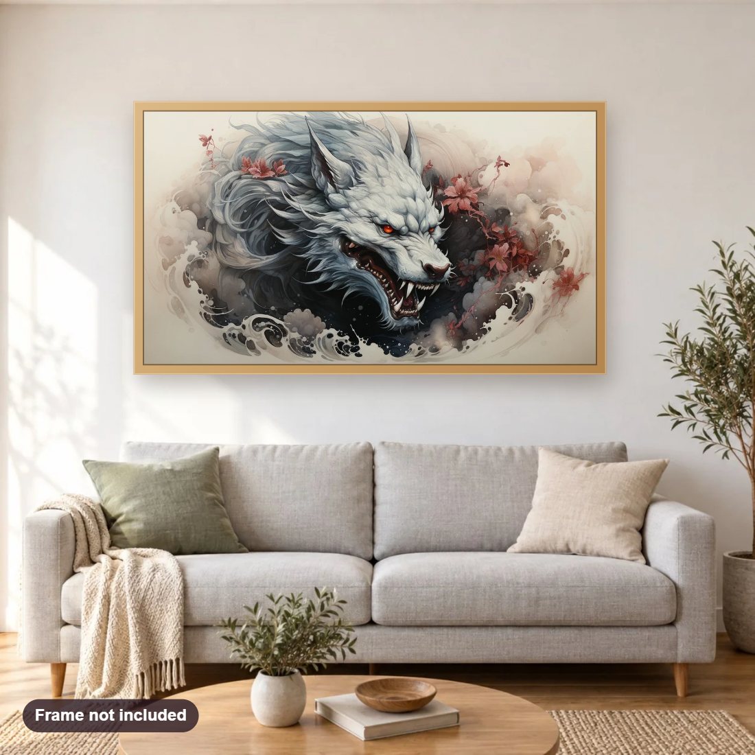 Chinese Dragon diamond painting shown framed on a living room wall above a sofa