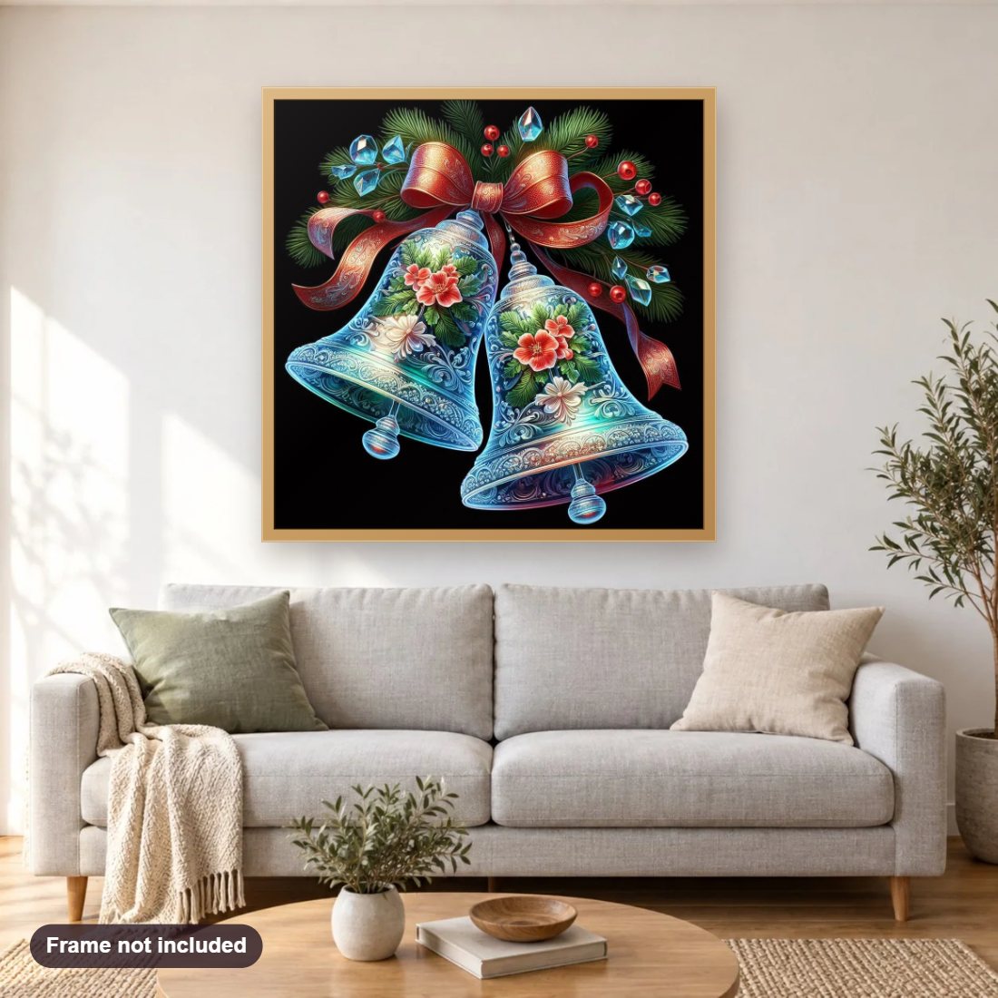 Christmas Bells with Red Ribbon diamond painting shown framed on a living room wall above a sofa