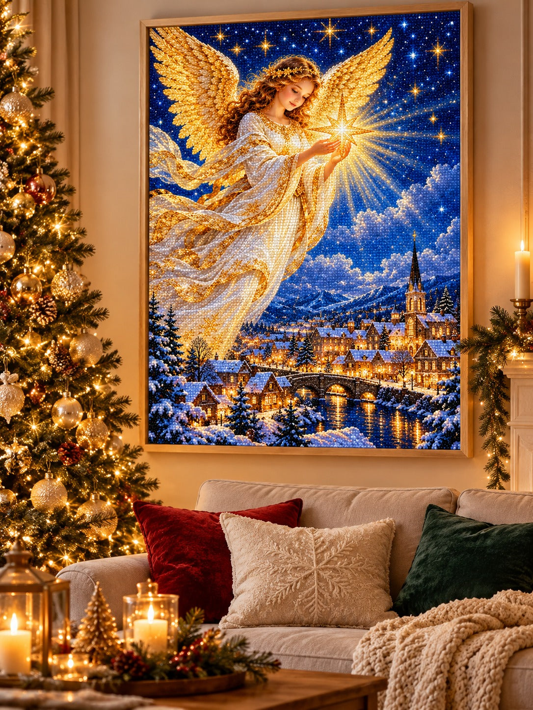 Finished Christmas angel holding a radiant star above a snowy town diamond painting in a light oak frame hanging in a cozy living room decorated for Christmas