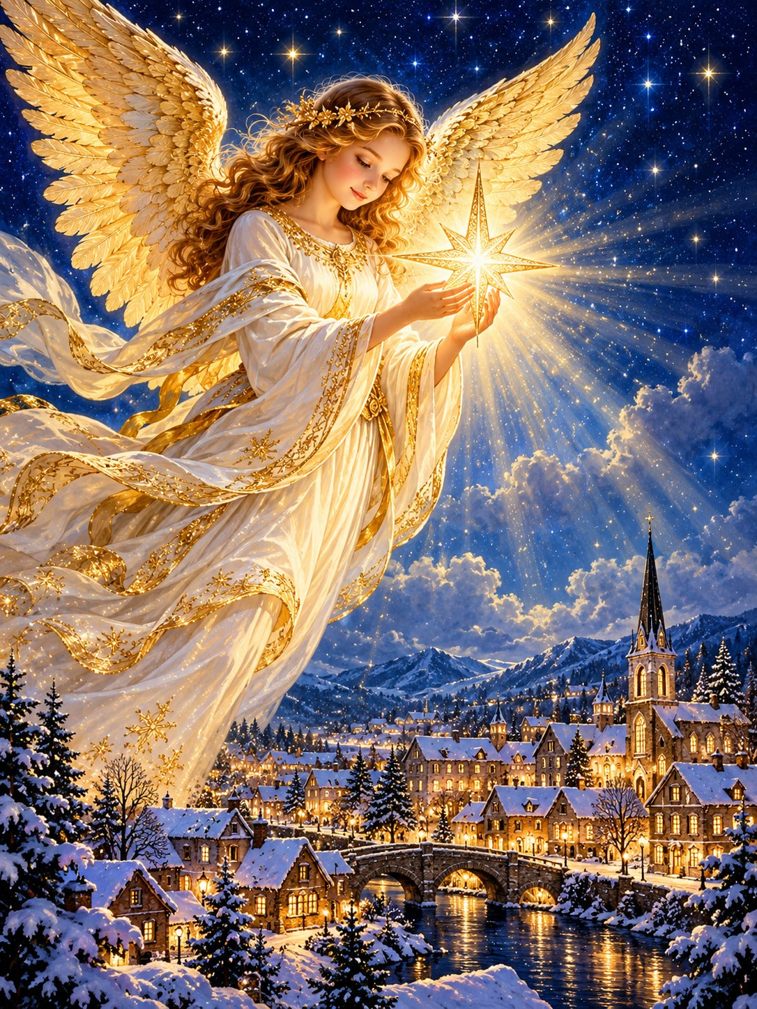 Christmas angel holding a radiant star above a snowy town, Christmas diamond painting kit by All Diamond Painting