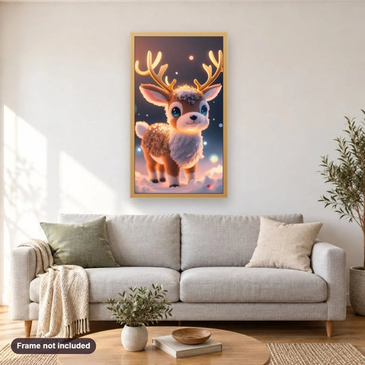 Christmas Baby Deer diamond painting shown framed on a living room wall above a sofa