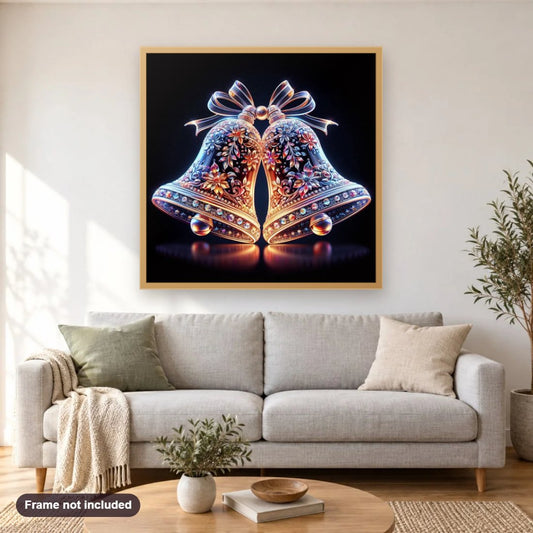 Christmas Bells diamond painting shown framed on a living room wall above a sofa