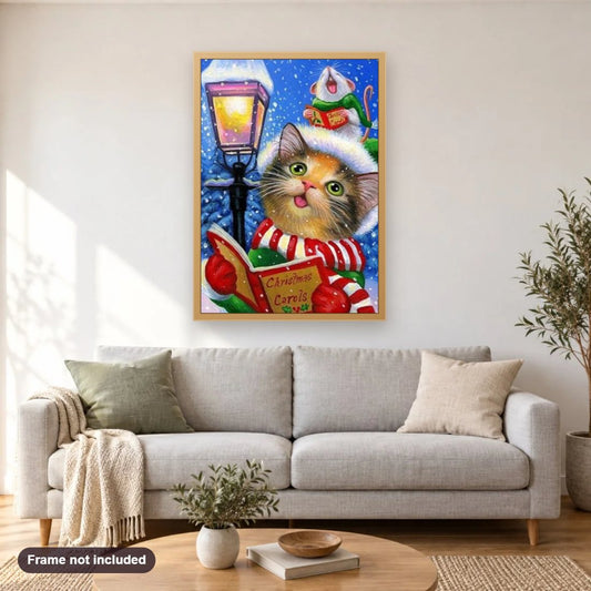 Christmas Cat Reading Book diamond painting shown framed on a living room wall above a sofa