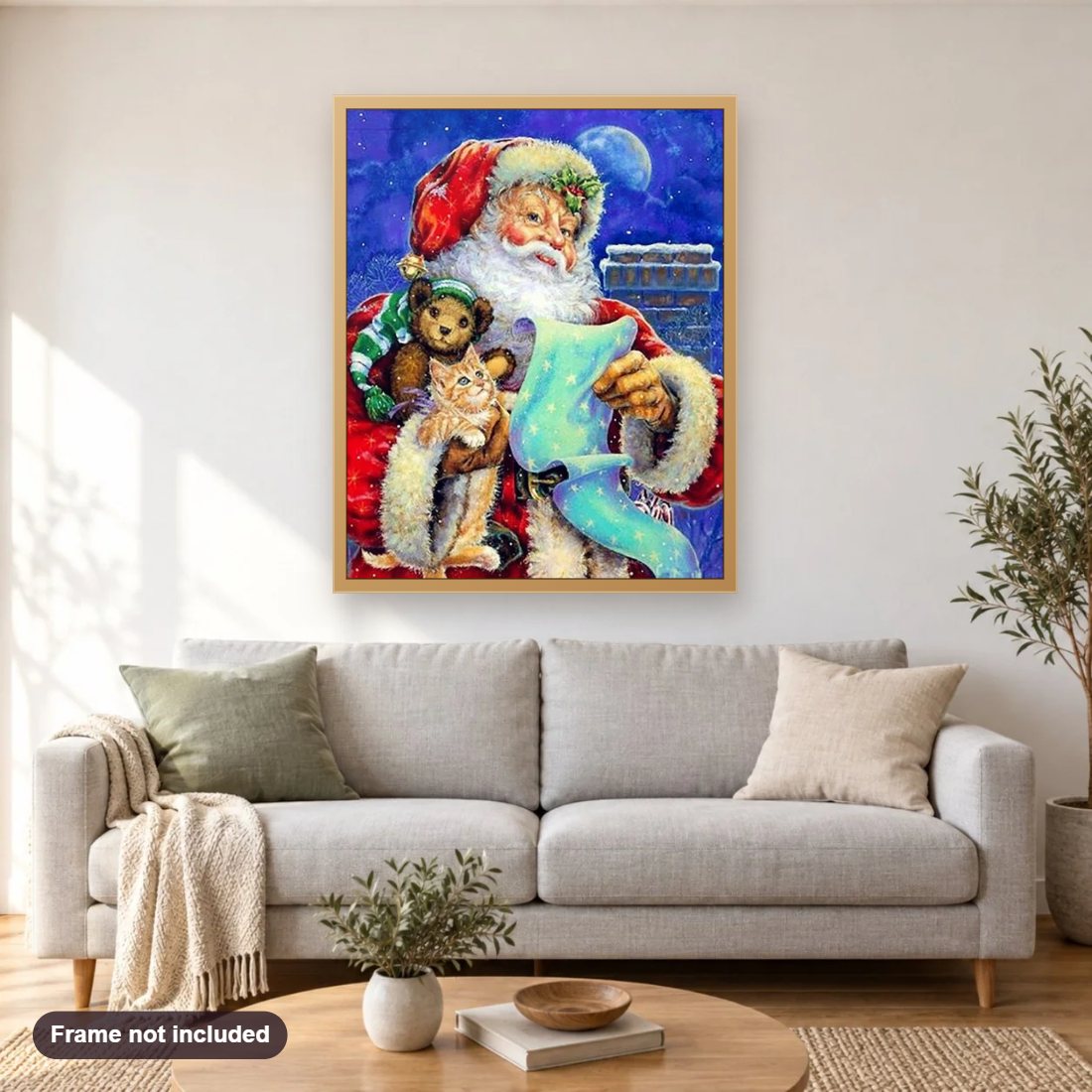 Christmas Day diamond painting shown framed on a living room wall above a sofa