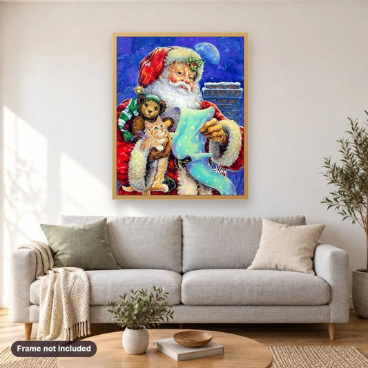 Christmas Day diamond painting shown framed on a living room wall above a sofa