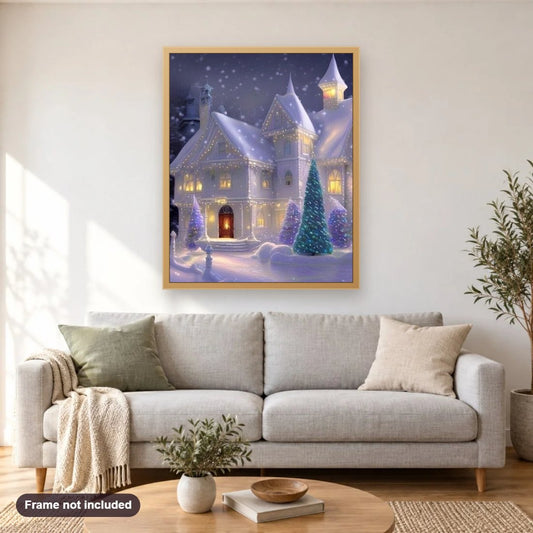 Christmas Decorations in Snowy Night diamond painting shown framed on a living room wall above a sofa