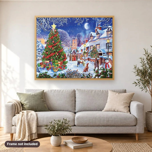 Christmas diamond painting shown framed on a living room wall above a sofa