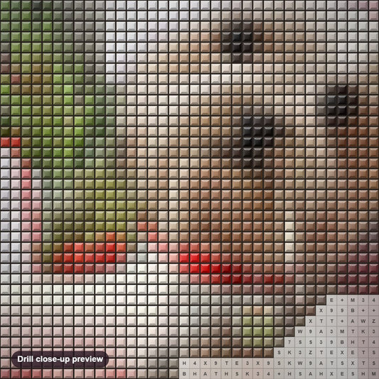 Close-up preview of the Christmas Dog diamond painting with square 5D drills and printed canvas symbols