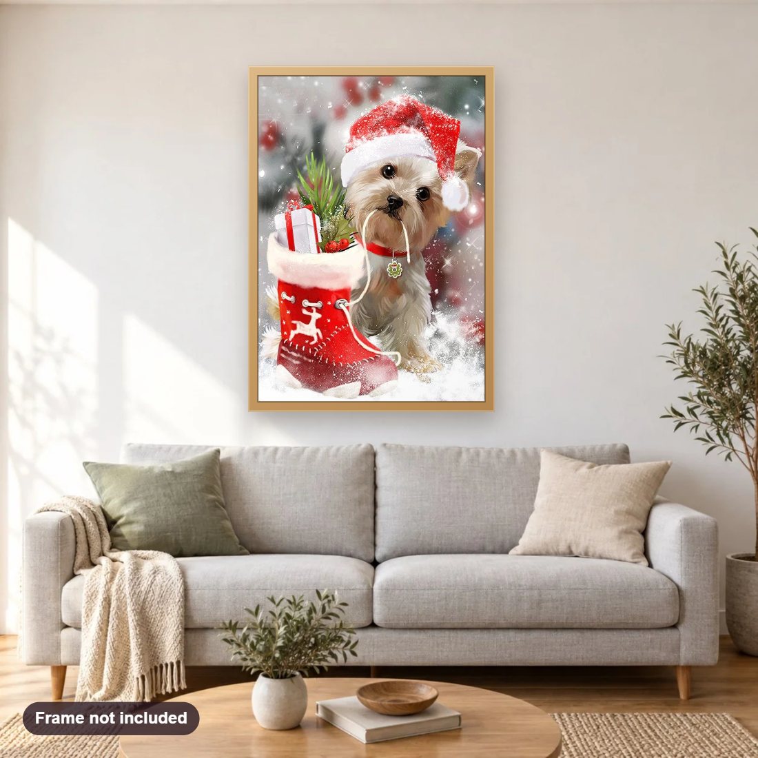 Christmas Dog diamond painting shown framed on a living room wall above a sofa