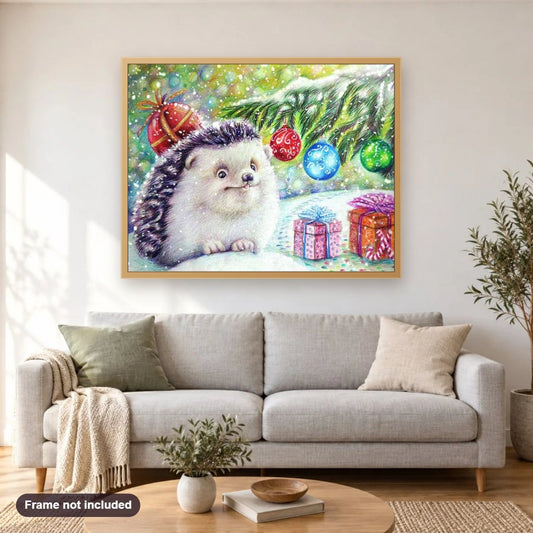 Christmas Hedgehog diamond painting shown framed on a living room wall above a sofa