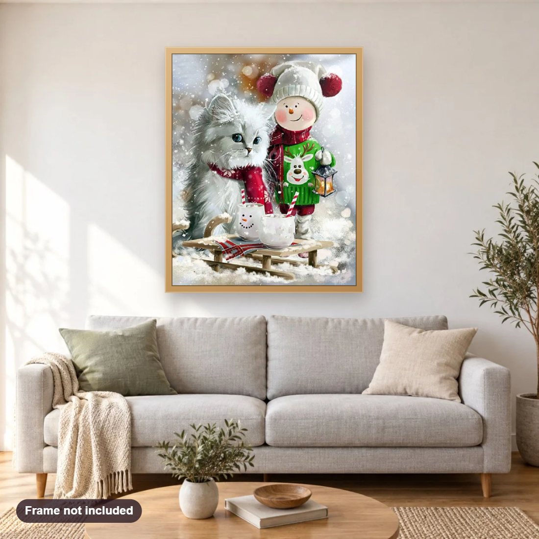 Christmas Kid & Adorable Cat diamond painting shown framed on a living room wall above a sofa