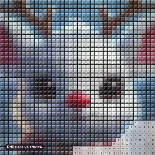 Close-up preview of the Christmas Night Cute Red Nose Reindeer diamond painting with square 5D drills and printed canvas symbols
