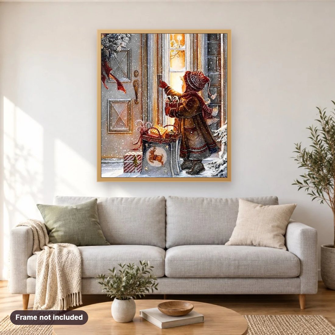 Christmas Night diamond painting shown framed on a living room wall above a sofa