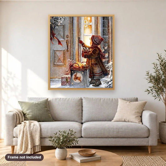 Christmas Night diamond painting shown framed on a living room wall above a sofa