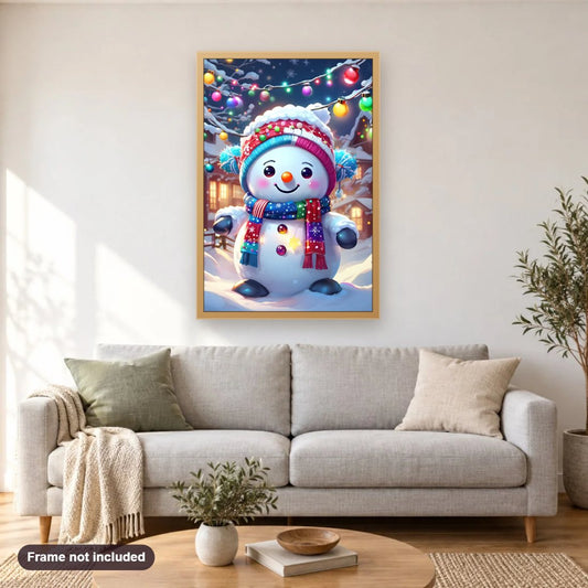 Christmas Snowman diamond painting shown framed on a living room wall above a sofa