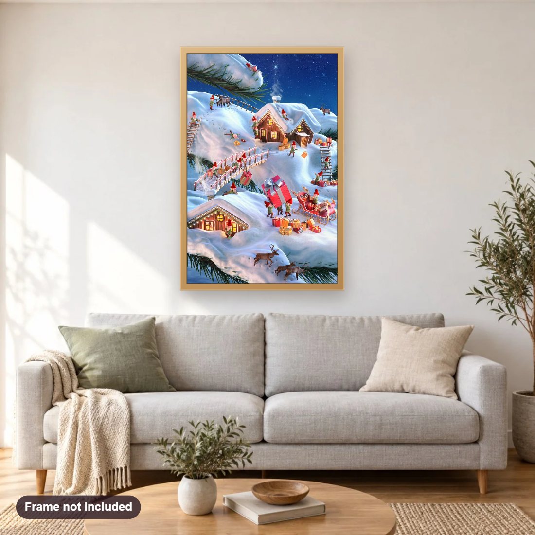 Christmas So Special diamond painting shown framed on a living room wall above a sofa