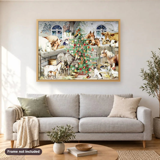 Christmas Stall diamond painting shown framed on a living room wall above a sofa
