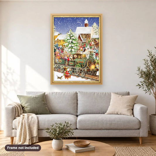 Christmas Train diamond painting shown framed on a living room wall above a sofa