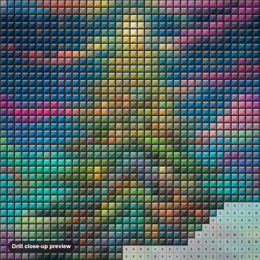 Close-up preview of the Christmas Tree Adorning a Colorful Evening diamond painting with square 5D drills and printed canvas symbols