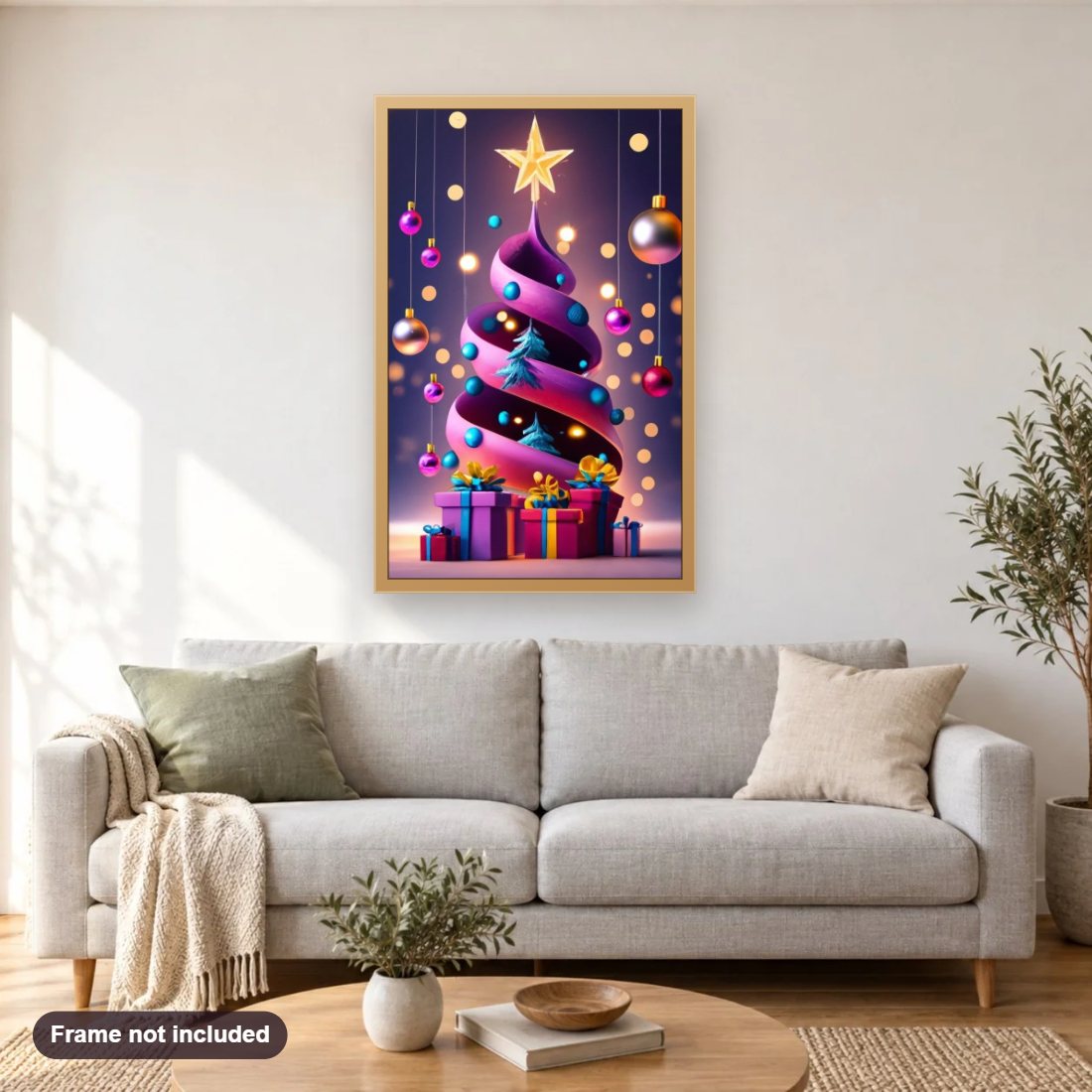 Christmas Tree Diamond Painting Art diamond painting shown framed on a living room wall above a sofa