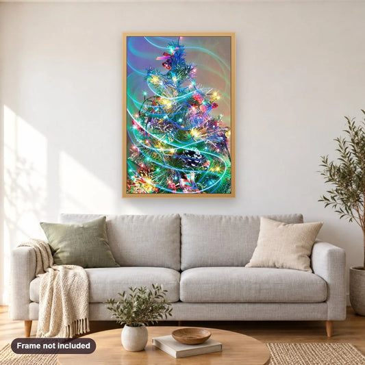 Christmas Tree diamond painting shown framed on a living room wall above a sofa