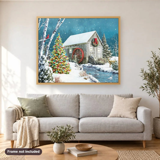 Christmas Tree & Winter Cabin diamond painting shown framed on a living room wall above a sofa