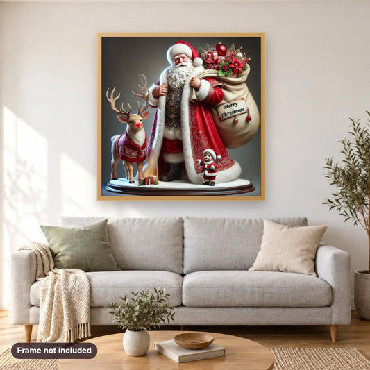 Christmas Vibes diamond painting shown framed on a living room wall above a sofa