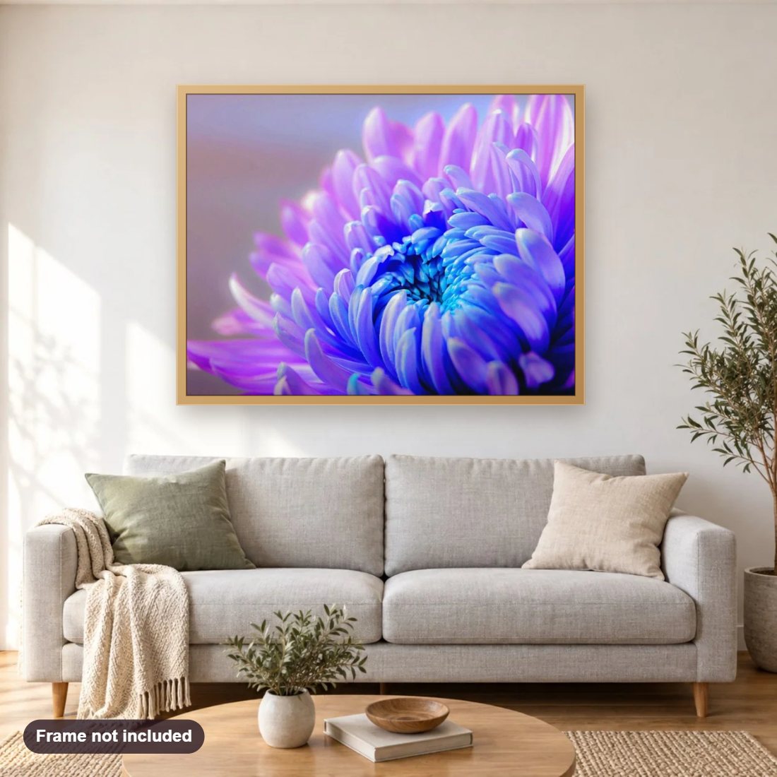 Chrysanthemum Flower diamond painting shown framed on a living room wall above a sofa