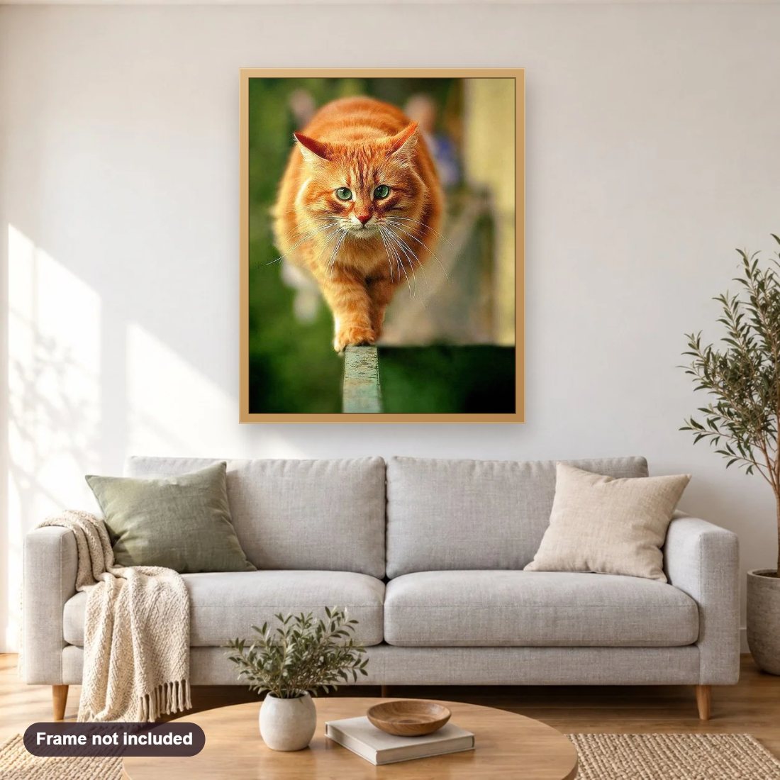 Chubby Cat diamond painting shown framed on a living room wall above a sofa
