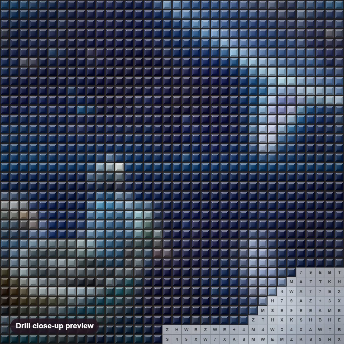 Close-up preview of the Cinematic shot diamond painting with square 5D drills and printed canvas symbols