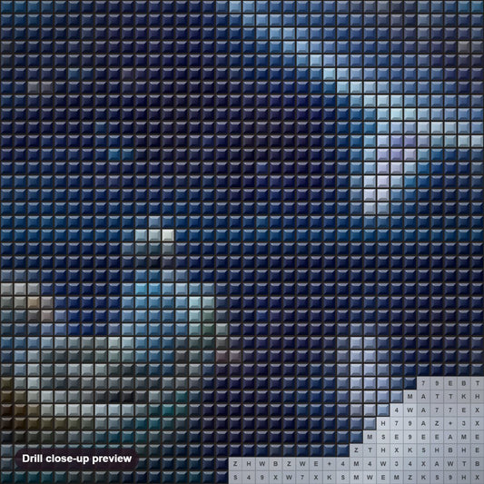 Close-up preview of the Cinematic shot diamond painting with square 5D drills and printed canvas symbols