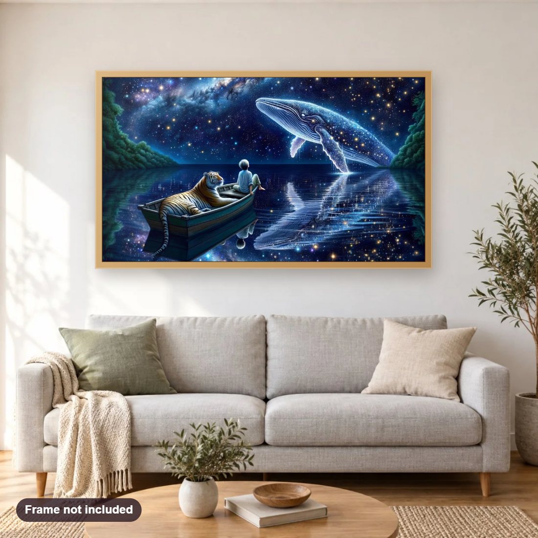 Cinematic shot diamond painting shown framed on a living room wall above a sofa