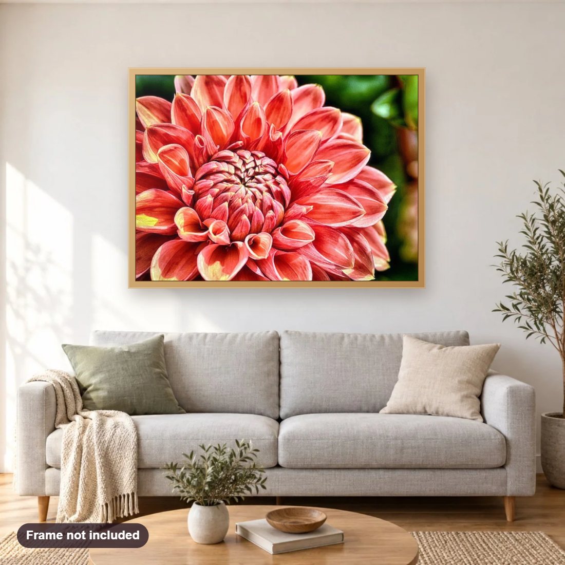 Close up Dahlia Flower diamond painting shown framed on a living room wall above a sofa