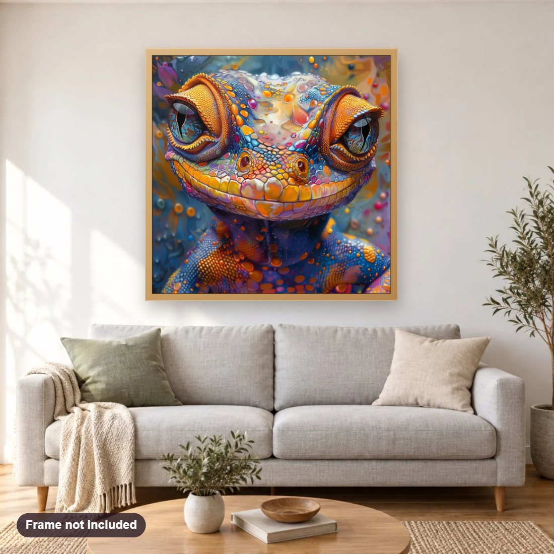 Close Up of  Lizard's Face diamond painting shown framed on a living room wall above a sofa