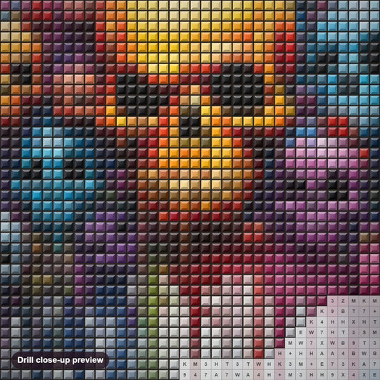 Close-up preview of the Close Up of Skulls in Diverse Hues diamond painting with square 5D drills and printed canvas symbols