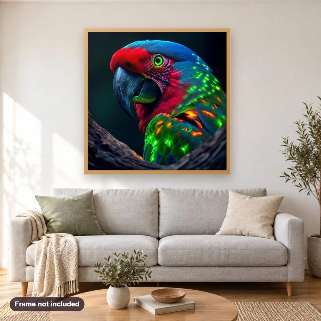 Close up Portrait of a Gorgeous Parrot diamond painting shown framed on a living room wall above a sofa