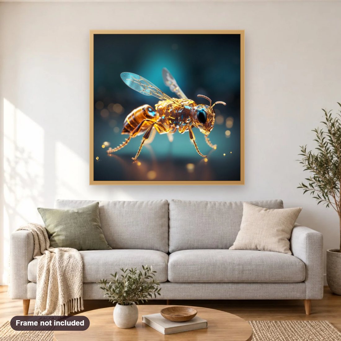 Closeup Honey Bee diamond painting shown framed on a living room wall above a sofa