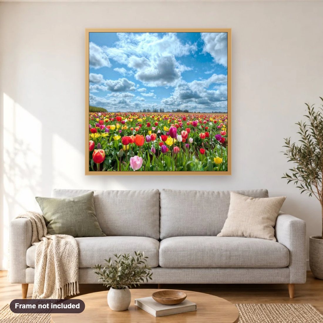 Cloudy Sky & Colorful Tulips diamond painting shown framed on a living room wall above a sofa