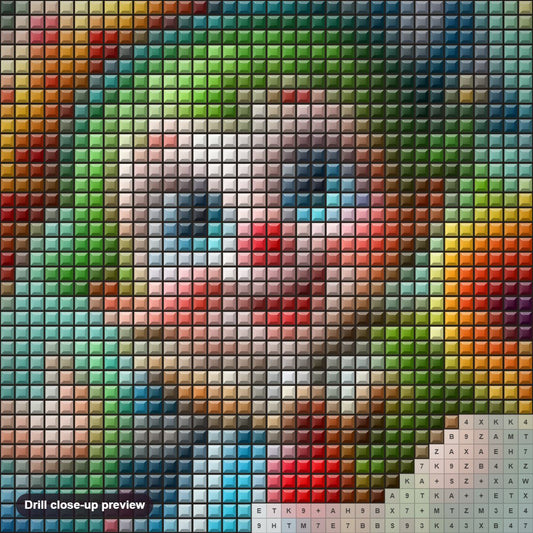 Close-up preview of the Clown Baby's Riotous Party diamond painting with square 5D drills and printed canvas symbols