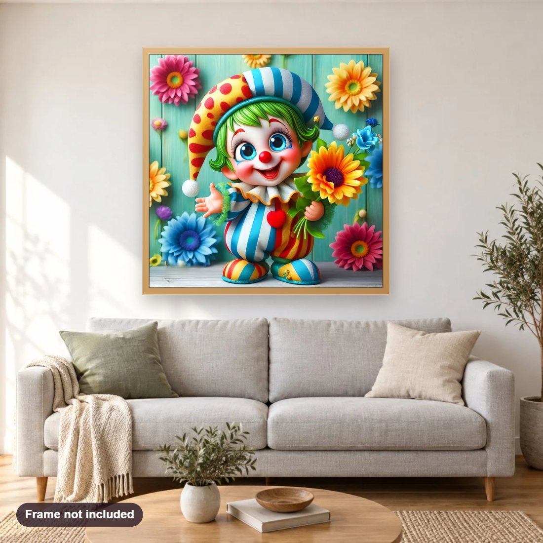 Clown Baby's Riotous Party diamond painting shown framed on a living room wall above a sofa