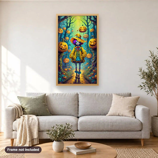 Clown in Yellow Jacket diamond painting shown framed on a living room wall above a sofa