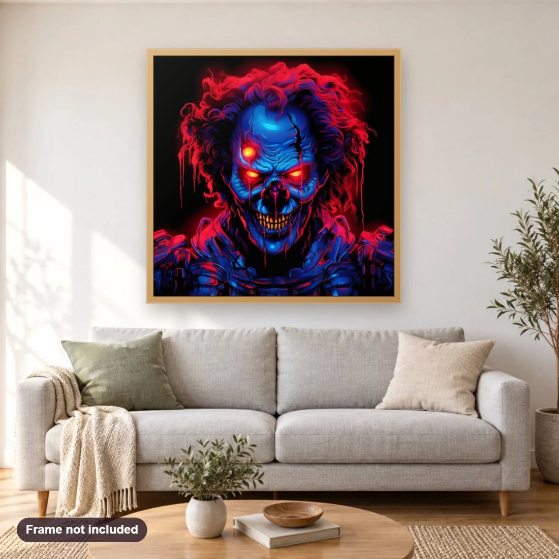 Clown Neon Style Art diamond painting shown framed on a living room wall above a sofa