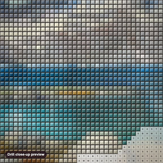 Close-up preview of the Cobalt Lake diamond painting with square 5D drills and printed canvas symbols